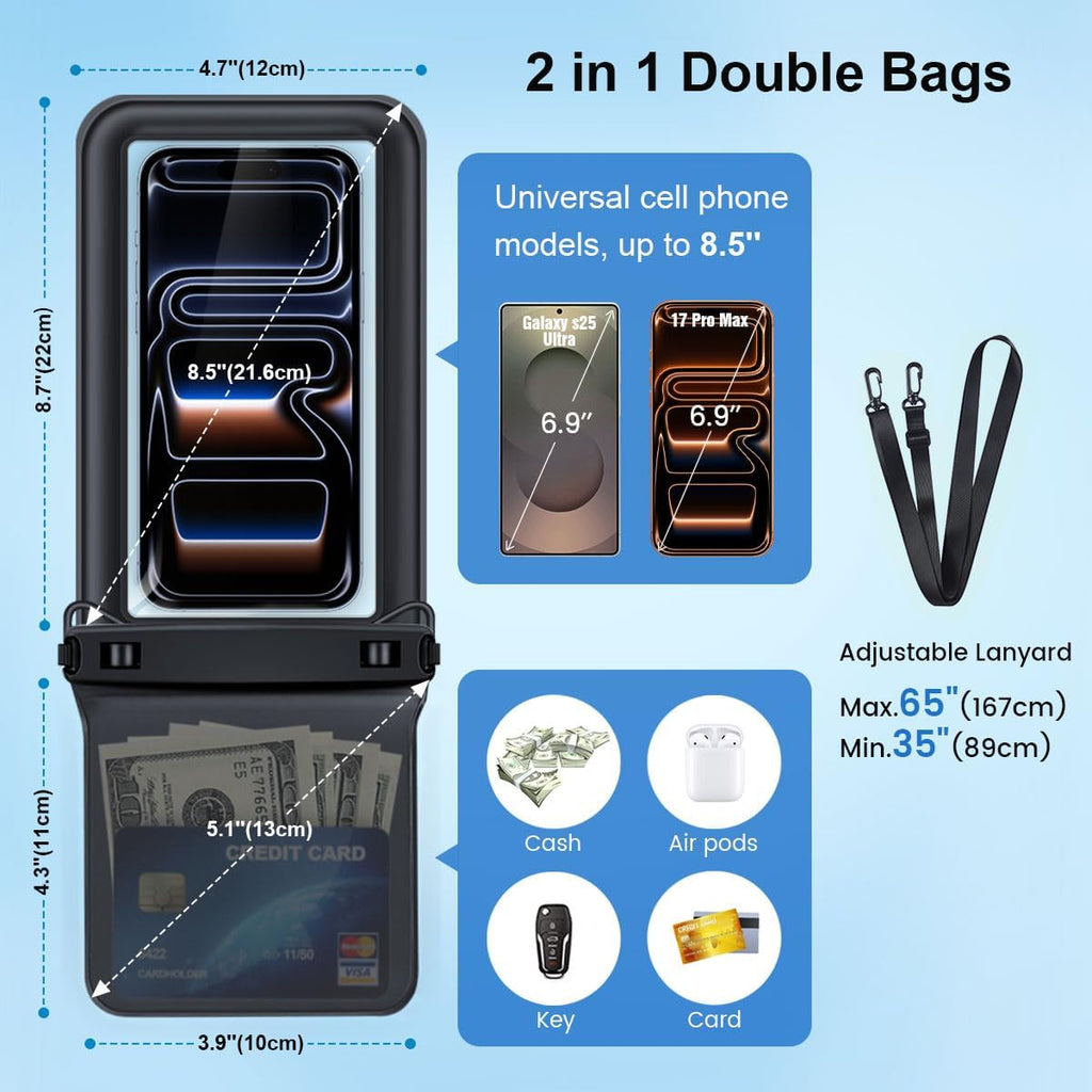 Rynapac 2er Set wasserdichte Handyhuelle IPX8 bis 8,5 Zoll mit Umhaengeband