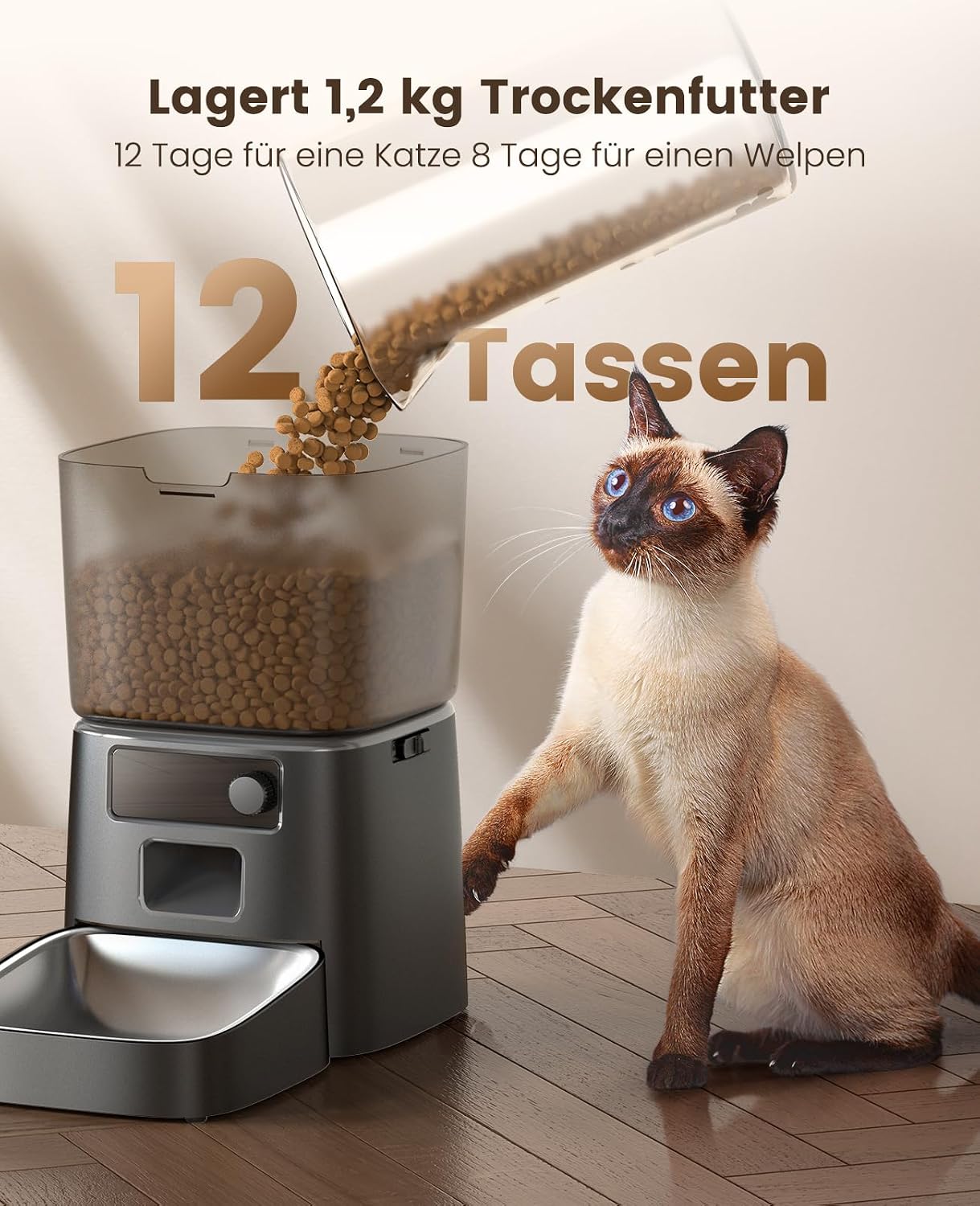 oneisall Futterautomat Katze WiFi App‑Steuerung 1-12 Mahlzeiten Edelstahlnapf