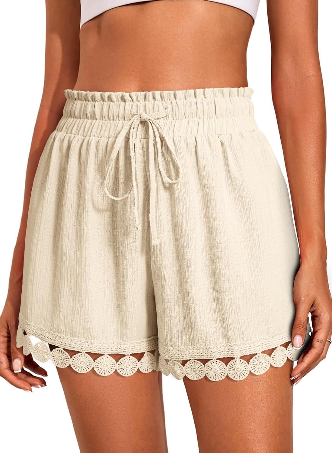 Damen Strandshorts High Waist mit Kordelzug und Spitzenbesatz S-XXL