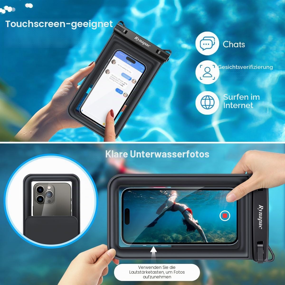 Rynapac 2er Set wasserdichte Handyhuelle IPX8 bis 8,5 Zoll mit Umhaengeband