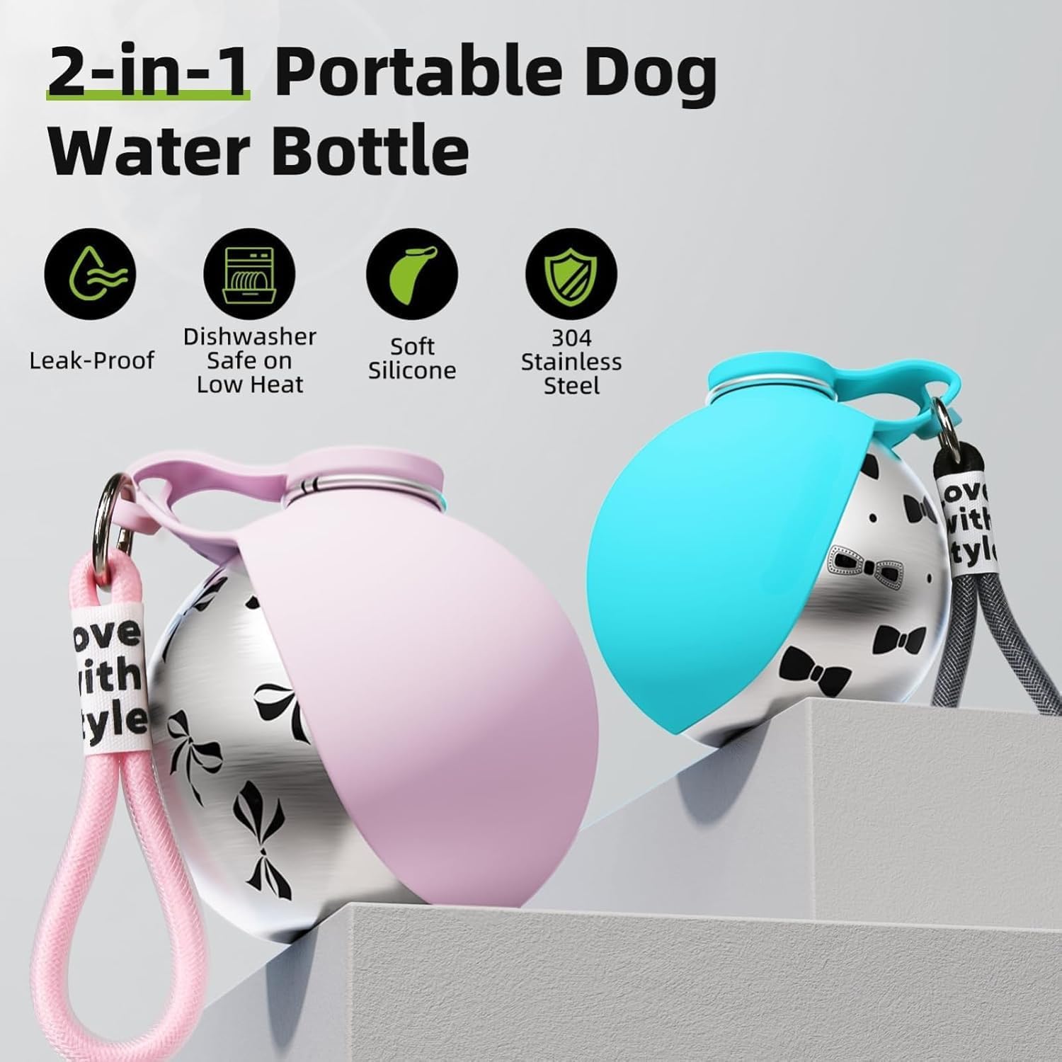 Tragbare Hundetrinkflasche 285 ml Edelstahl mit faltbarem Silikonnapf Blau