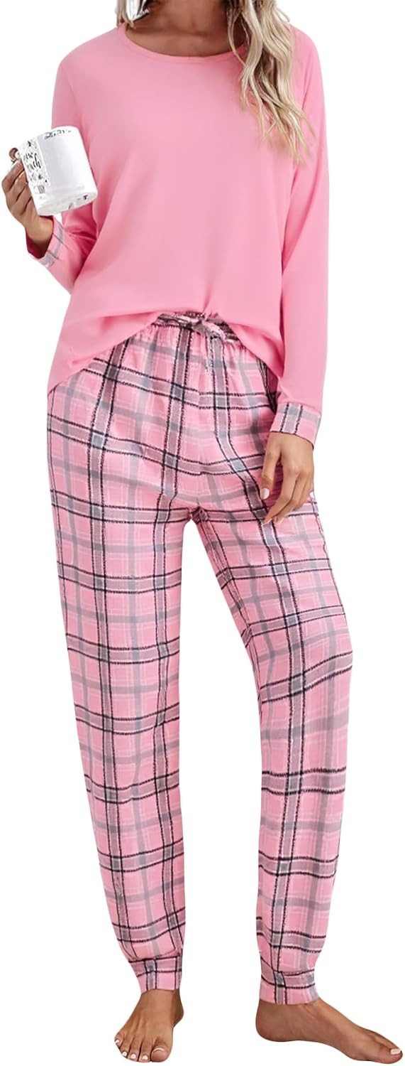 Litherday Damen Schlafanzug lang Baumwolle kariert mit Tasche S-XXL