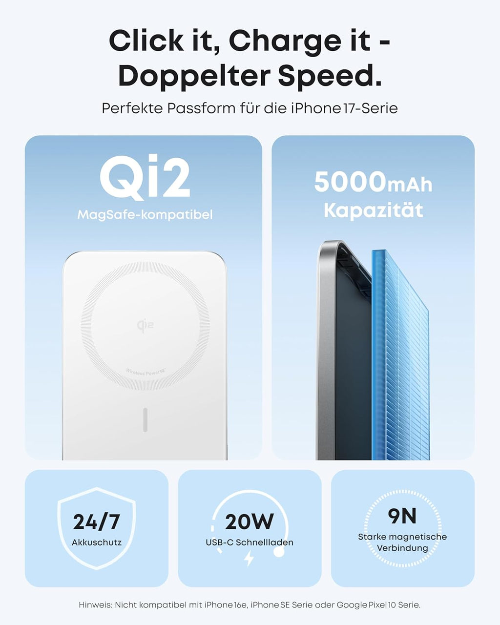 Anker Nano Magnet Powerbank 5000mAh Qi2 15W MagSafe-kompatibel fuer iPhone