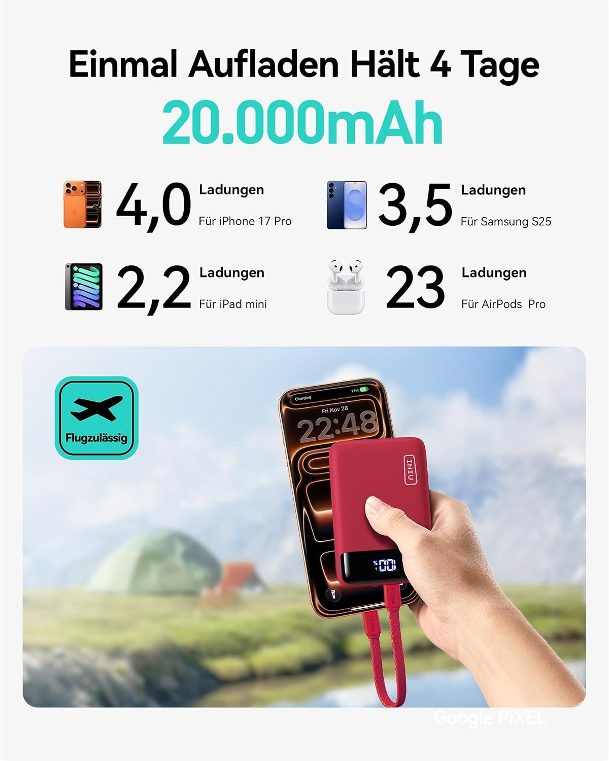 INIU Powerbank 20000 mAh 22.5W mit abnehmbarem USB‑C Kabel, flugtauglich
