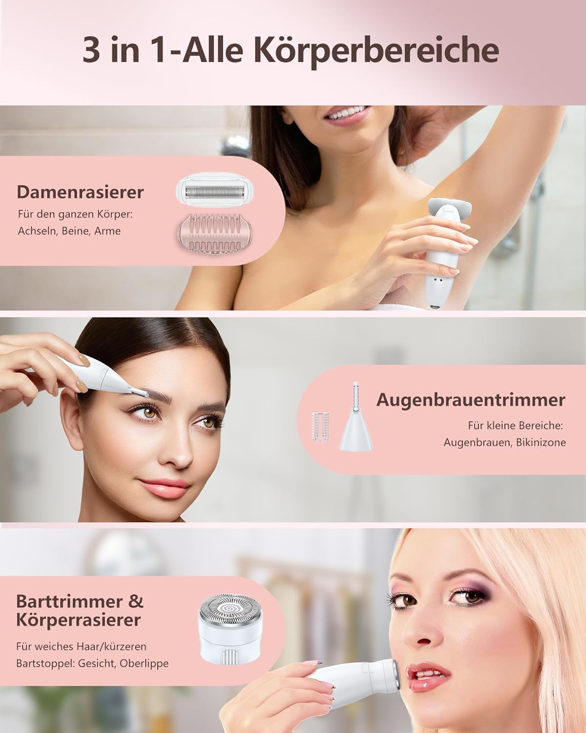 Elektrischer Damenrasierer 3in1 Trimmer wasserdicht Akku NassTrocken
