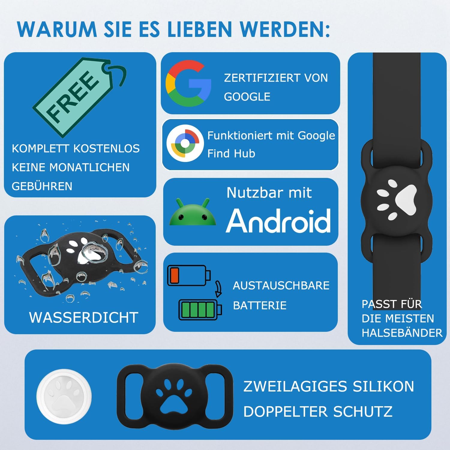 Bluetooth Haustier Tracker mit Halsbandhuelle IP68 wasserdicht fuer Android