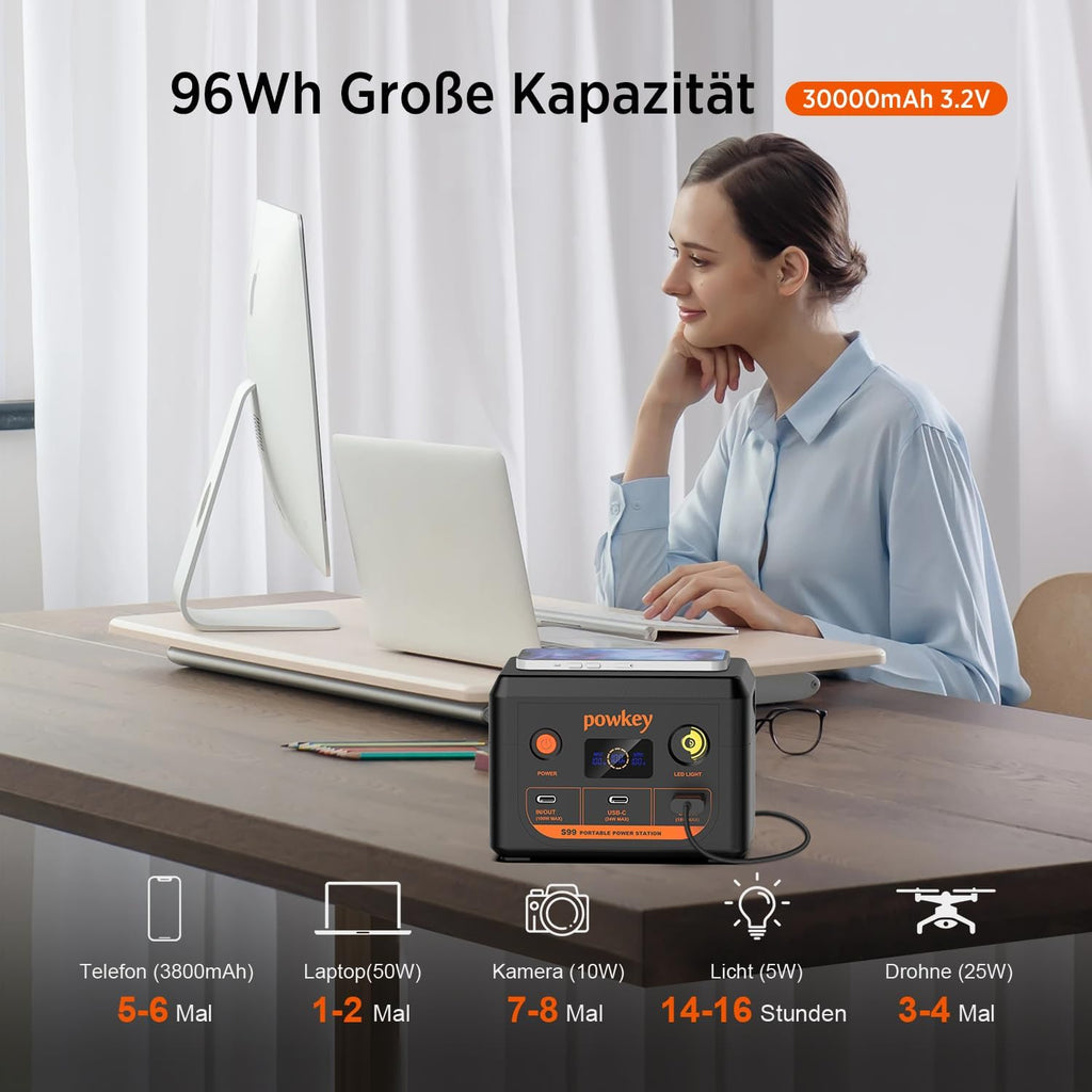 POWKEY Powerstation 30000mAh 96Wh LiFePO4 100W USB‑C Powerbank mit LED