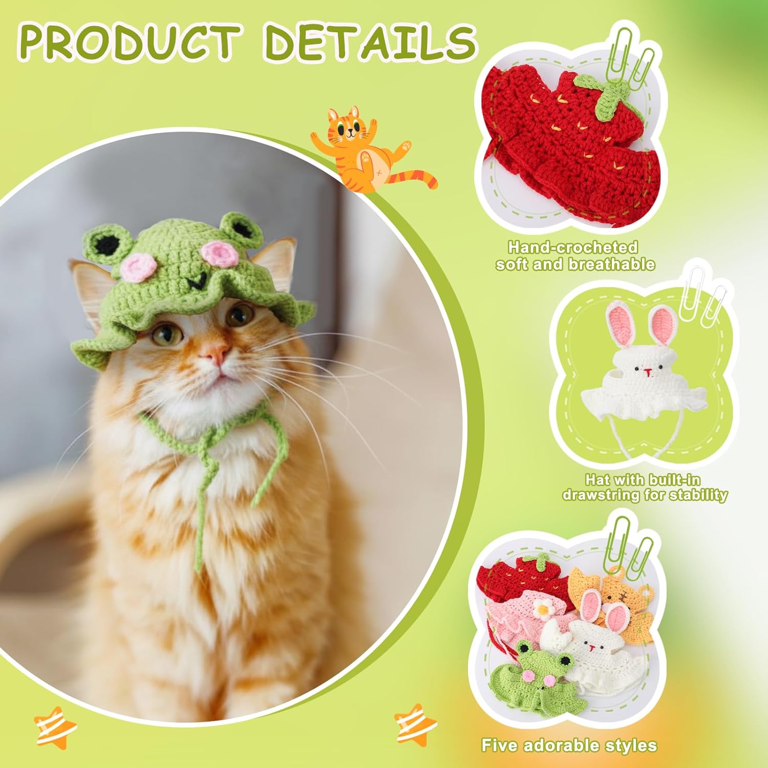 5er Set verstellbare Haustiermuetzen fuer kleine Hunde und Katzen, Designmix