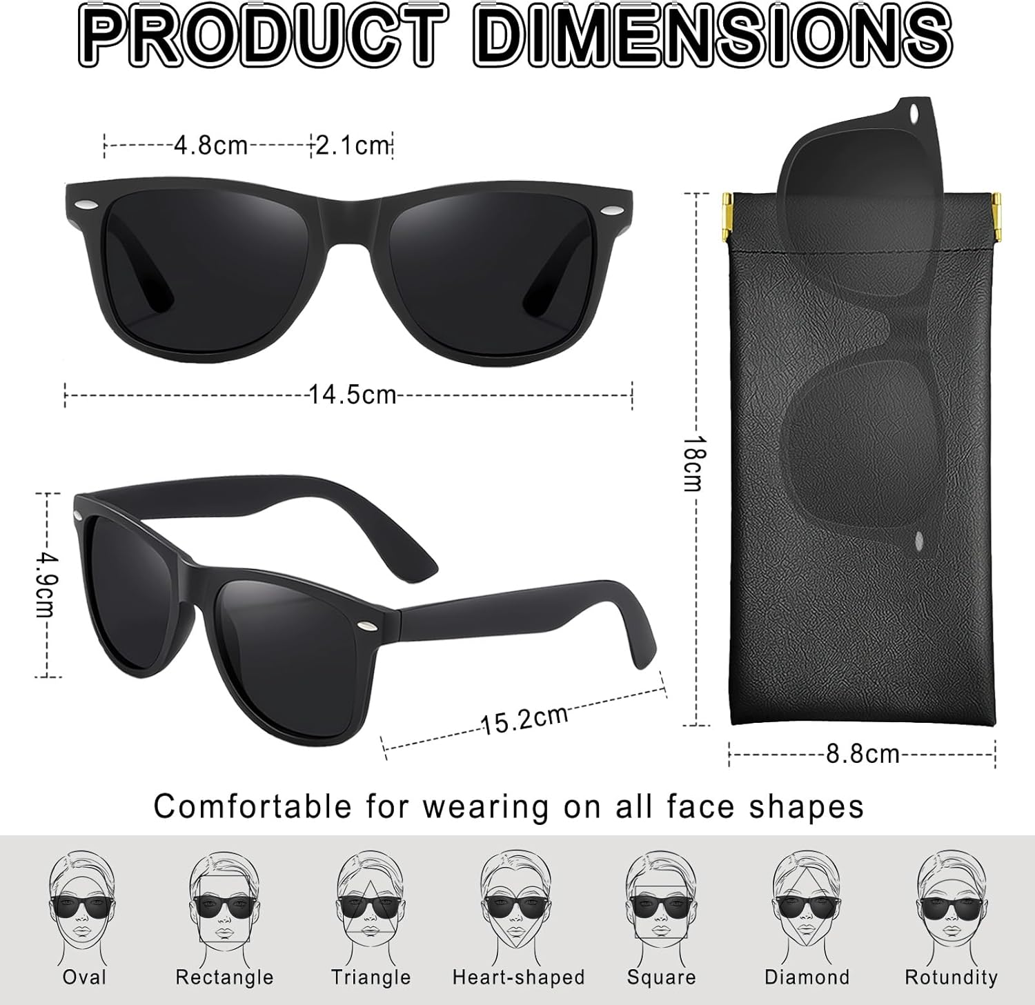 Polarisiert Sonnenbrille Herren Damen UV400 rechteckig Schwarz mit Etui