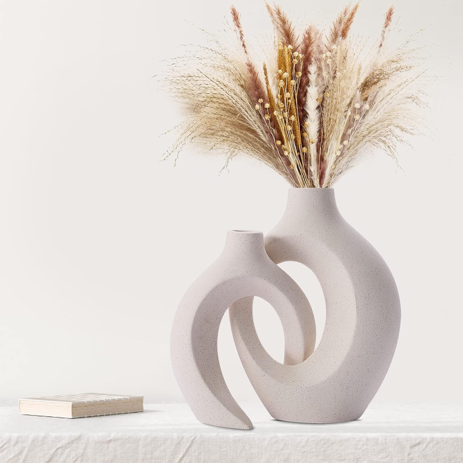 SUKIYPO Keramikvase 2er Set beige Boho Deko fuer Wohnzimmer Buero
