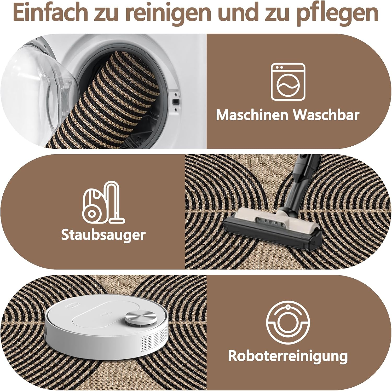 Capslpad Rundteppich Juteoptik 120cm-230cm wetterfest waschbar Schwarz