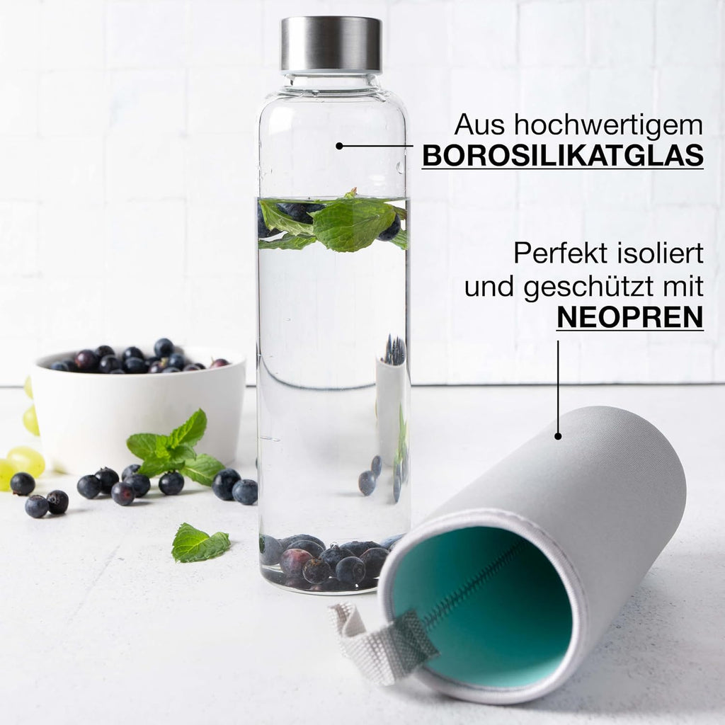 Moritz & Moritz Glas-Trinkflasche auslaufsicher mit Neoprenhuelle