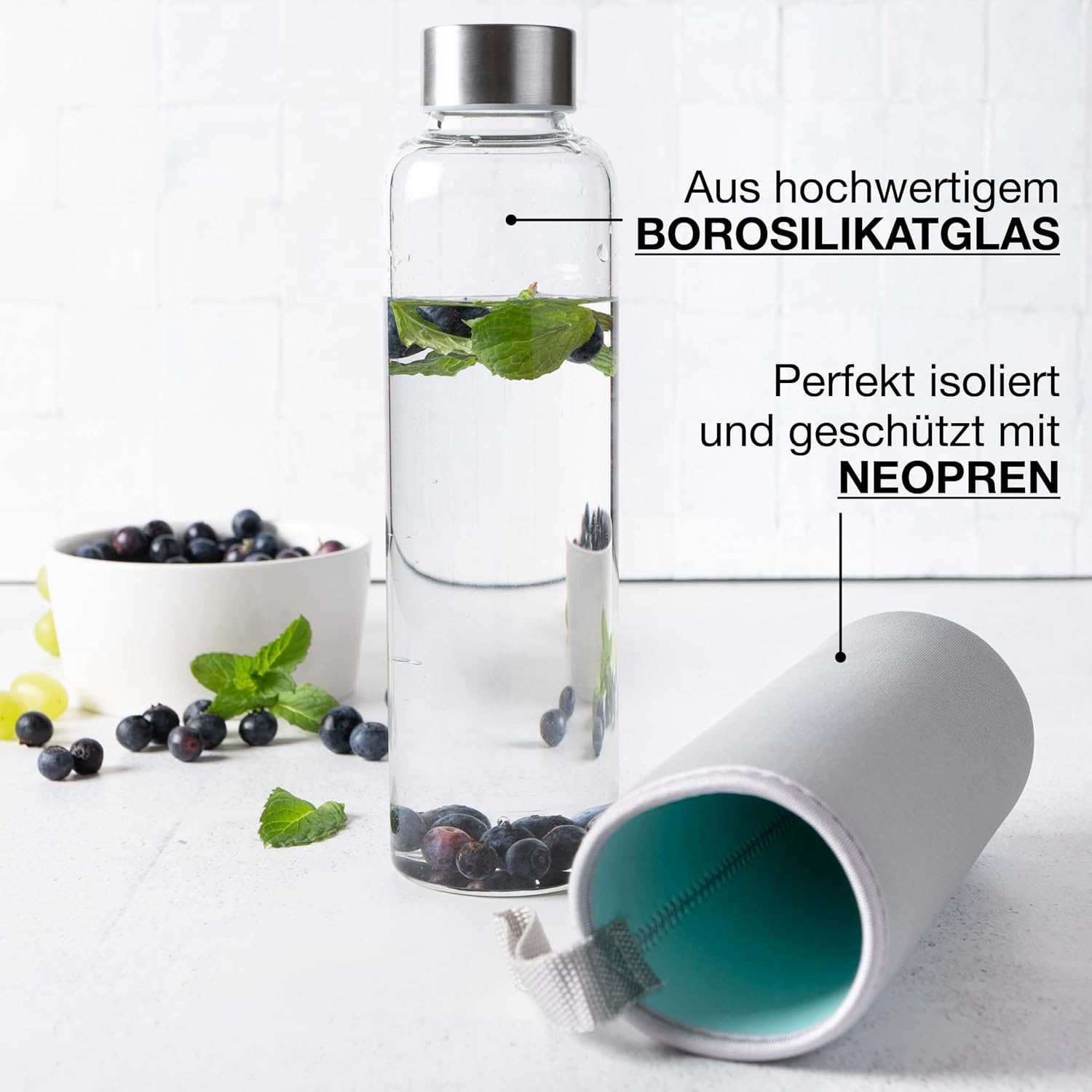 Moritz & Moritz Glas-Trinkflasche auslaufsicher mit Neoprenhuelle