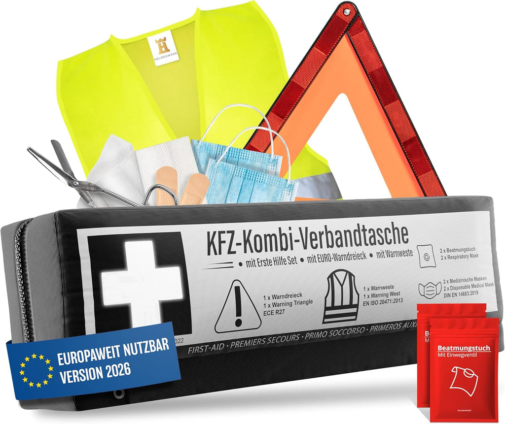 KFZ Kombitasche 3in1 Verbandskasten Warndreieck Warnweste DIN 13164:2022