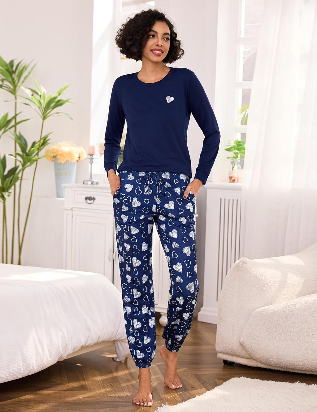 Damen Schlafanzug lang Baumwolle Winter Pyjama Set Herz‑Print Tasche S-XXL