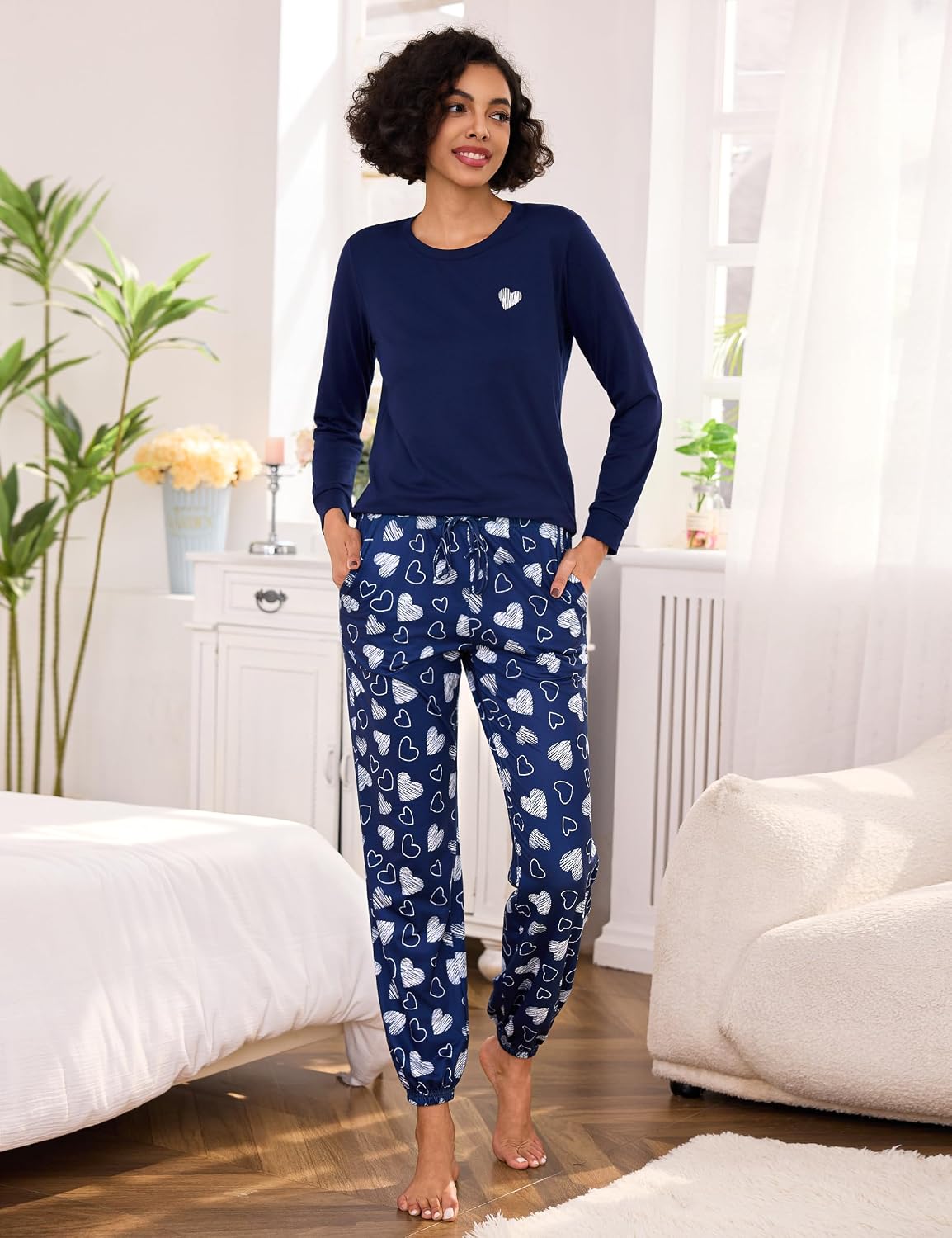 Damen Schlafanzug lang Baumwolle Winter Pyjama Set Herz‑Print Tasche S-XXL