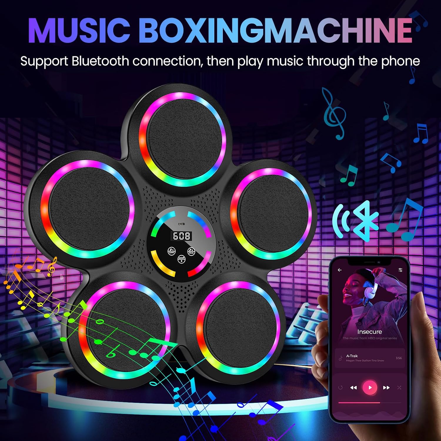 IERAKOR Boxmaschine mit Musik Bluetooth, 2 Handschuhe, LED, 9 Geschwindigkeiten