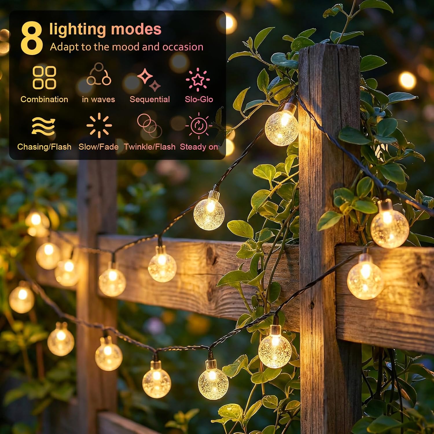 AGOTD Solar Lichterkette aussen 40 LED Kristallkugeln IP65 8 Modi Warmweiss