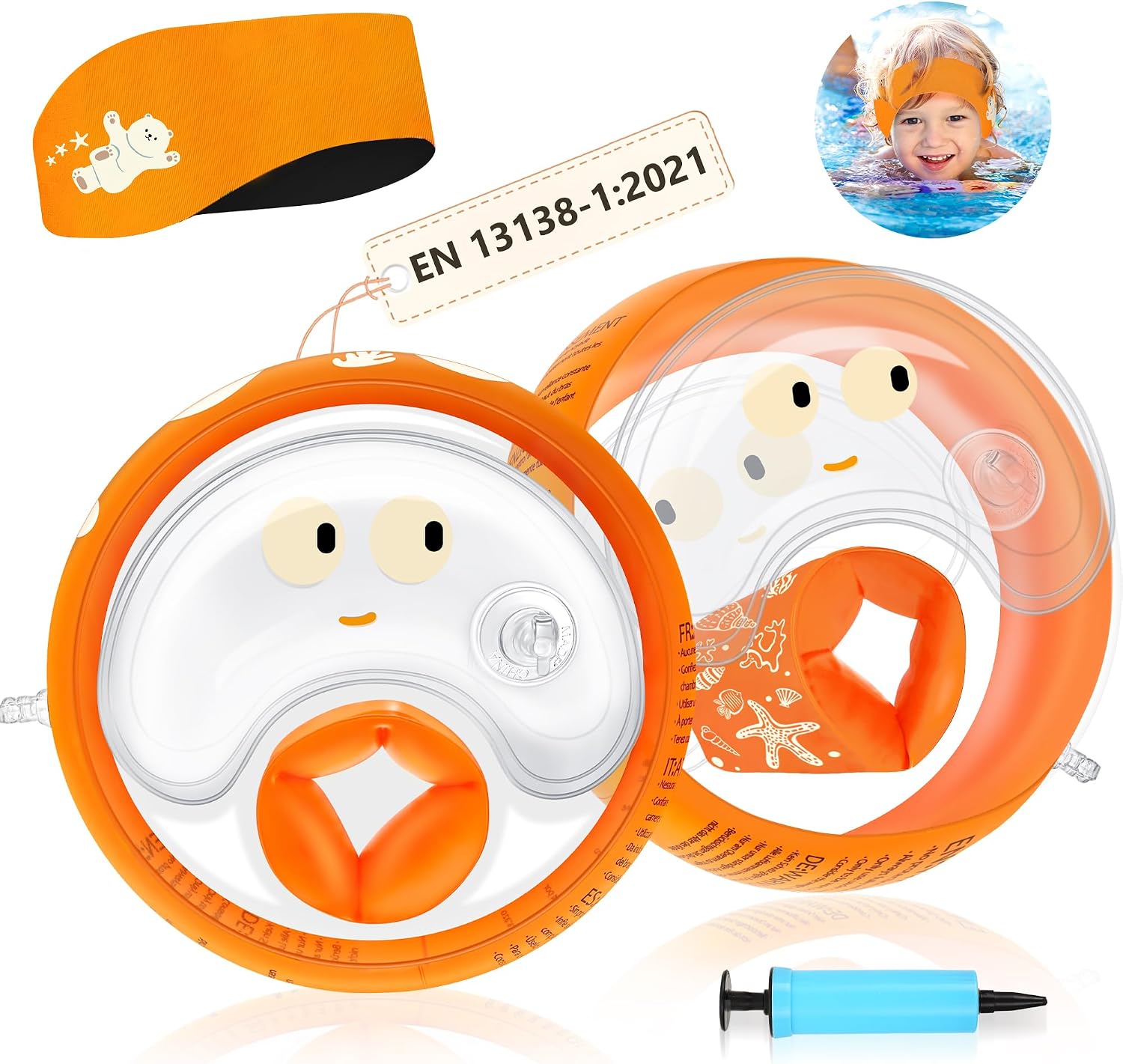 Schwimmfluegel Kinder 1-6 Jahre mit Stirnband, 3 Luftkammern, transparent