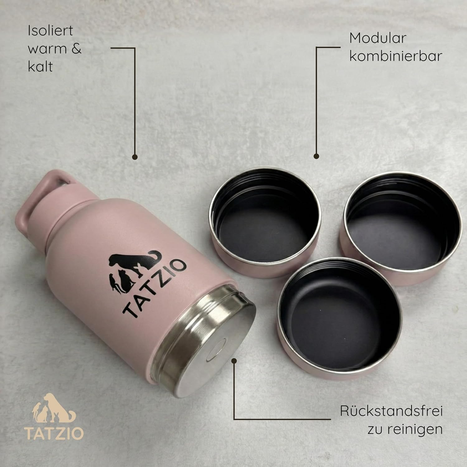 Reiseflasche 4-in-1 fuer Hunde Katzen Edelstahl isoliert auslaufsicher cr