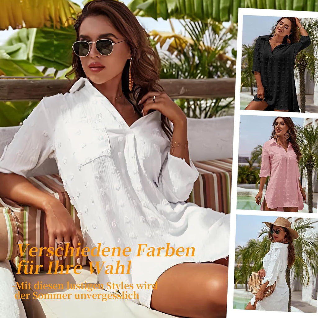 Strandkleid Damen V-Ausschnitt Baumwolle Cover-Up Strandtunika M-XL