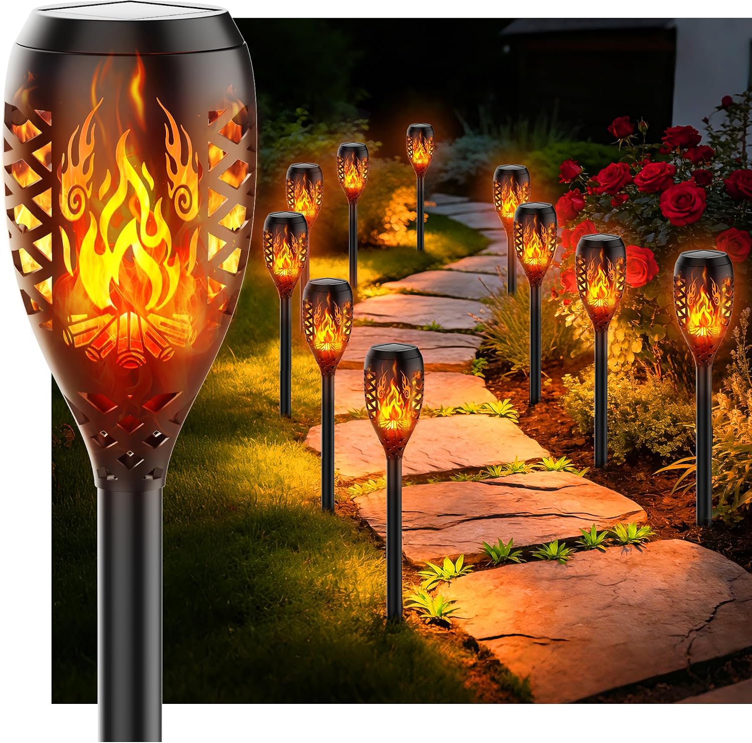 6er Set Solar-Gartenfackeln Streichholz-Design IP65 wasserdicht Wegbeleuchtung