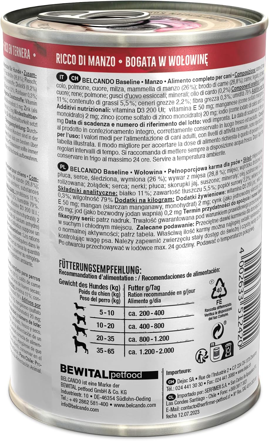 BELCANDO Baseline Nassfutter Lamm fuer ausgewachsene Hunde 6x800g versc