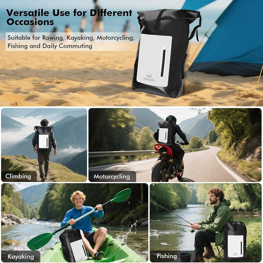 30L Rolltop Rucksack wasserdicht mit Laptopfach und IPX8 Handyhuelle