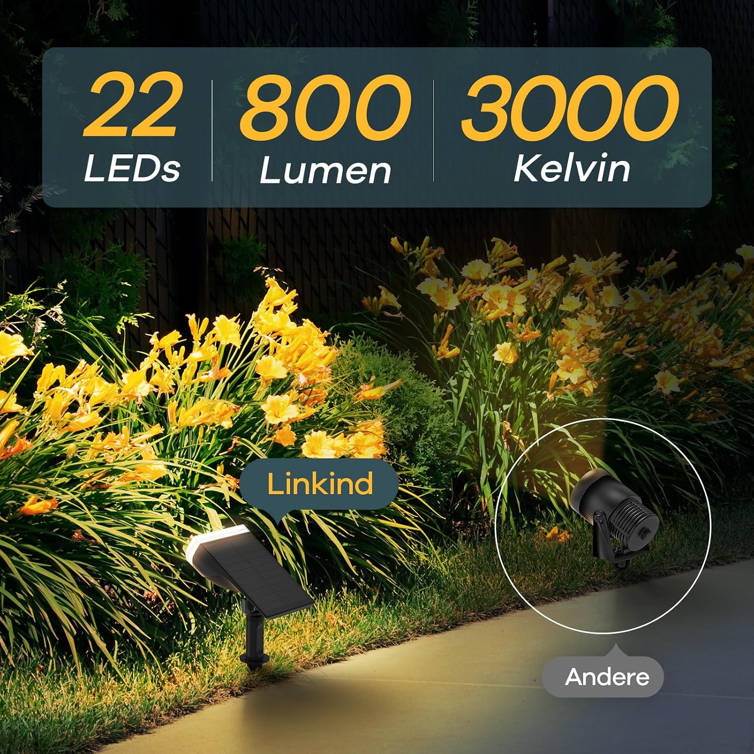 Linkind Solarlampe farbig RGBW Dusk-to-Dawn 22-LED Gartenleuchte IP65, 4er Set