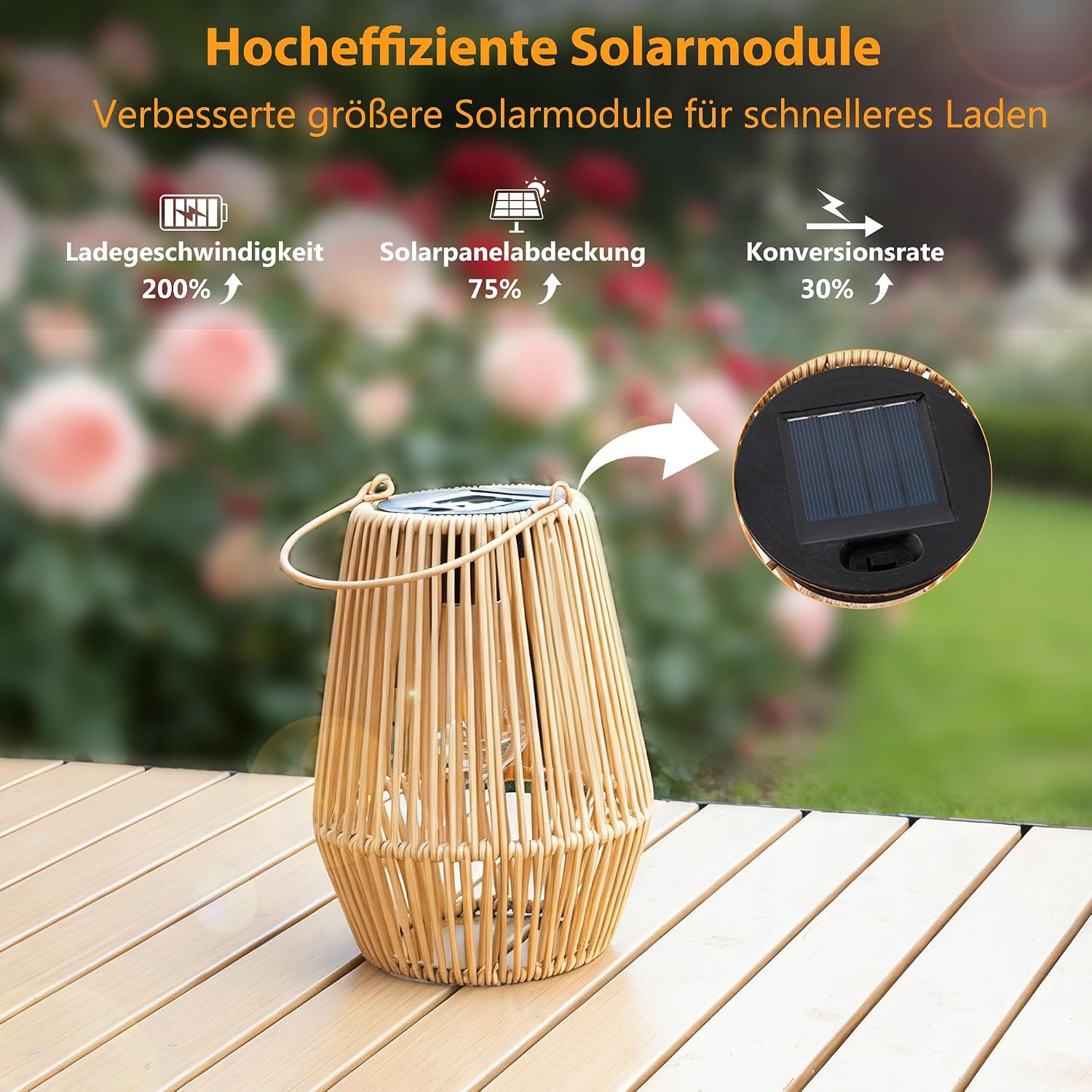 2er Set Solar-Laternen aus Rattan, IP65 Wasserdicht, haengend fuer Garten Balkon R