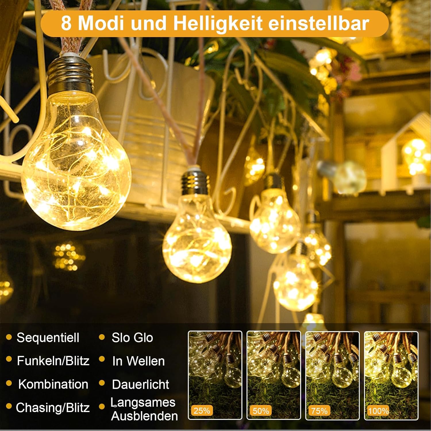 Goffii Solar Lichterkette Aussen 20 LED 12,5 m warmweiss 8 Modi Timer