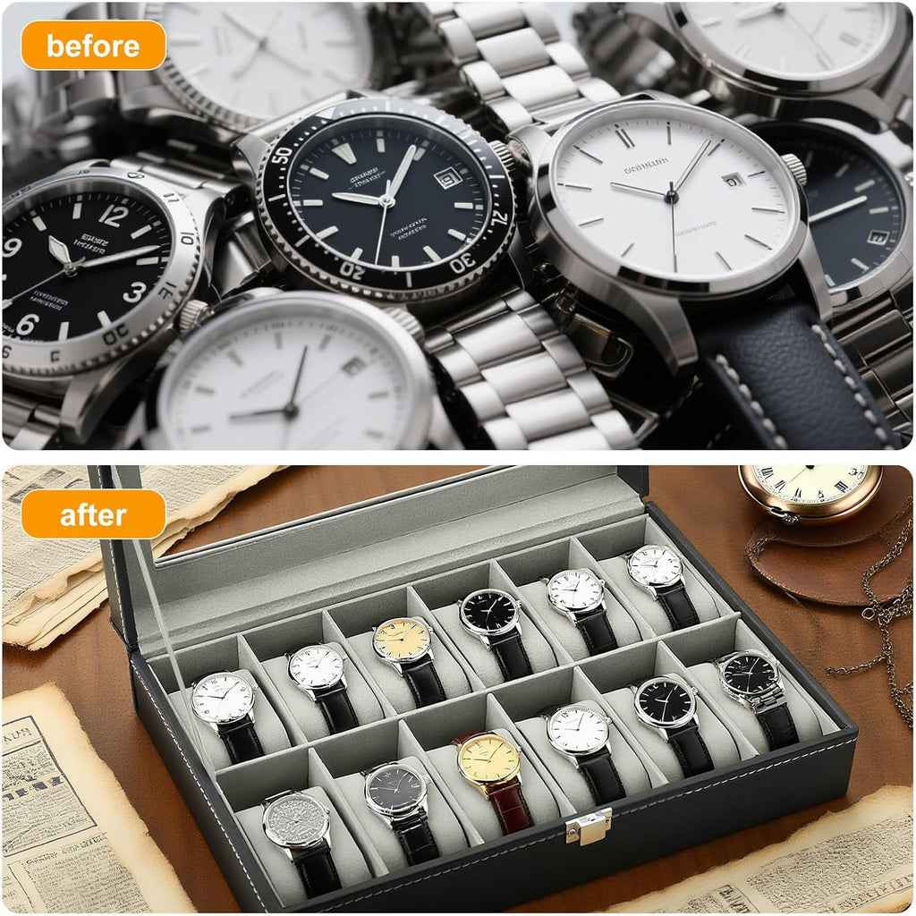 Uhrenbox fuer 12 Uhren mit Glasdeckel, PU-Leder, Samtinnenfutter