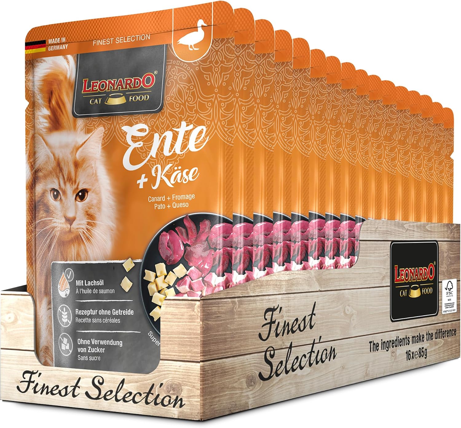 LEONARDO Katzenfutter nass Finest Selection 6x85g Huhn Fasan Kaninchen Ente Kalb