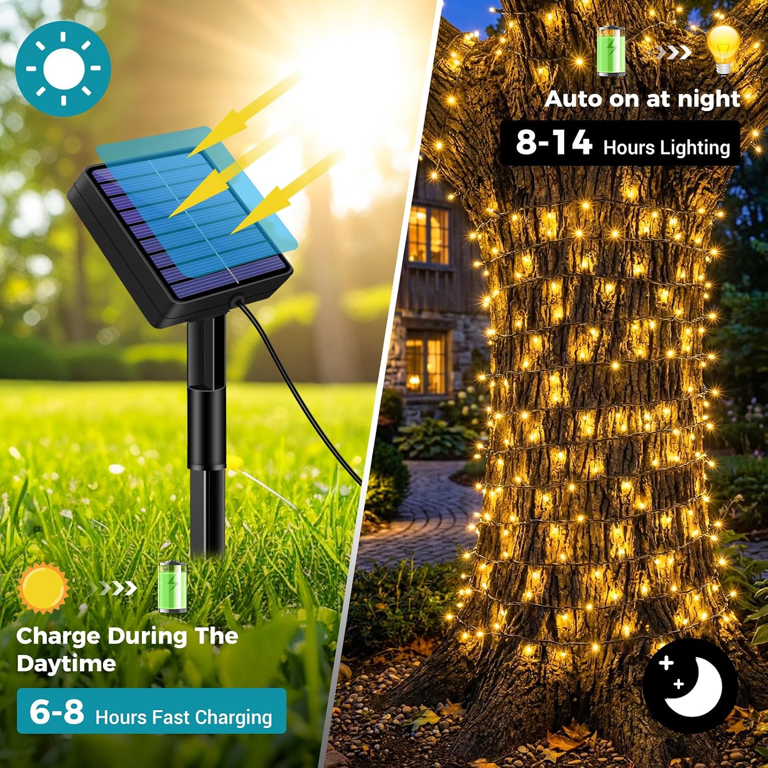 kolpop Solar Lichterkette 12 m 120 LED IP65 wasserdicht 8 Modi Warmweiss