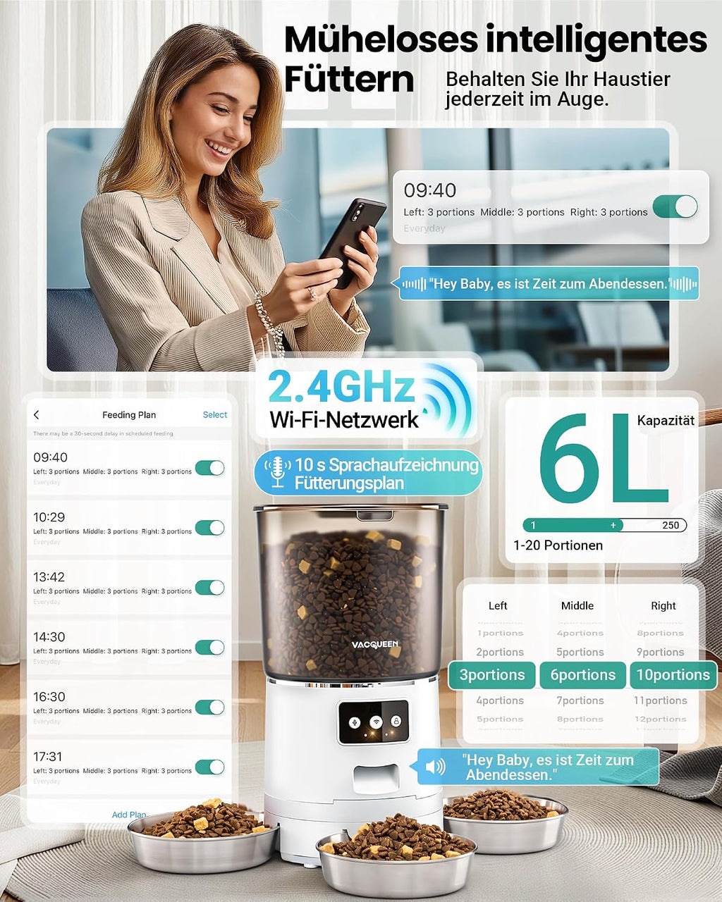 Futterautomat Katze 25 Portionen mit App Timer WiFi Schwarz