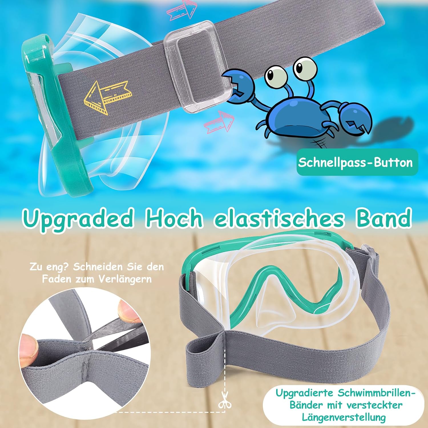 Vvinca Taucherbrille Kinder 180° Panorama Schwimm- und Tauchmaske mit Stoffband