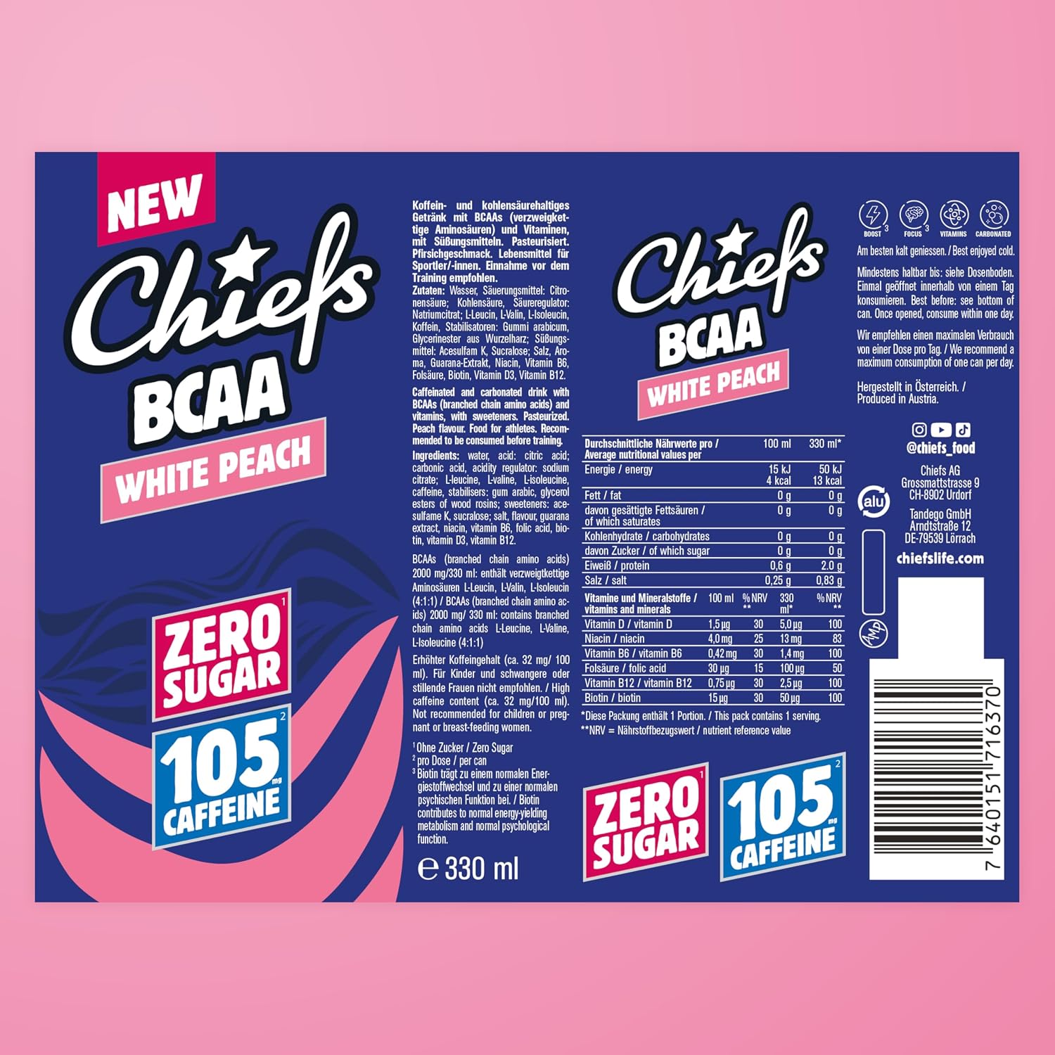 CHIEFS BCAA Energy Drink 24er pack - zuckerfrei - Energy Getraenk mit Koffein, Vi