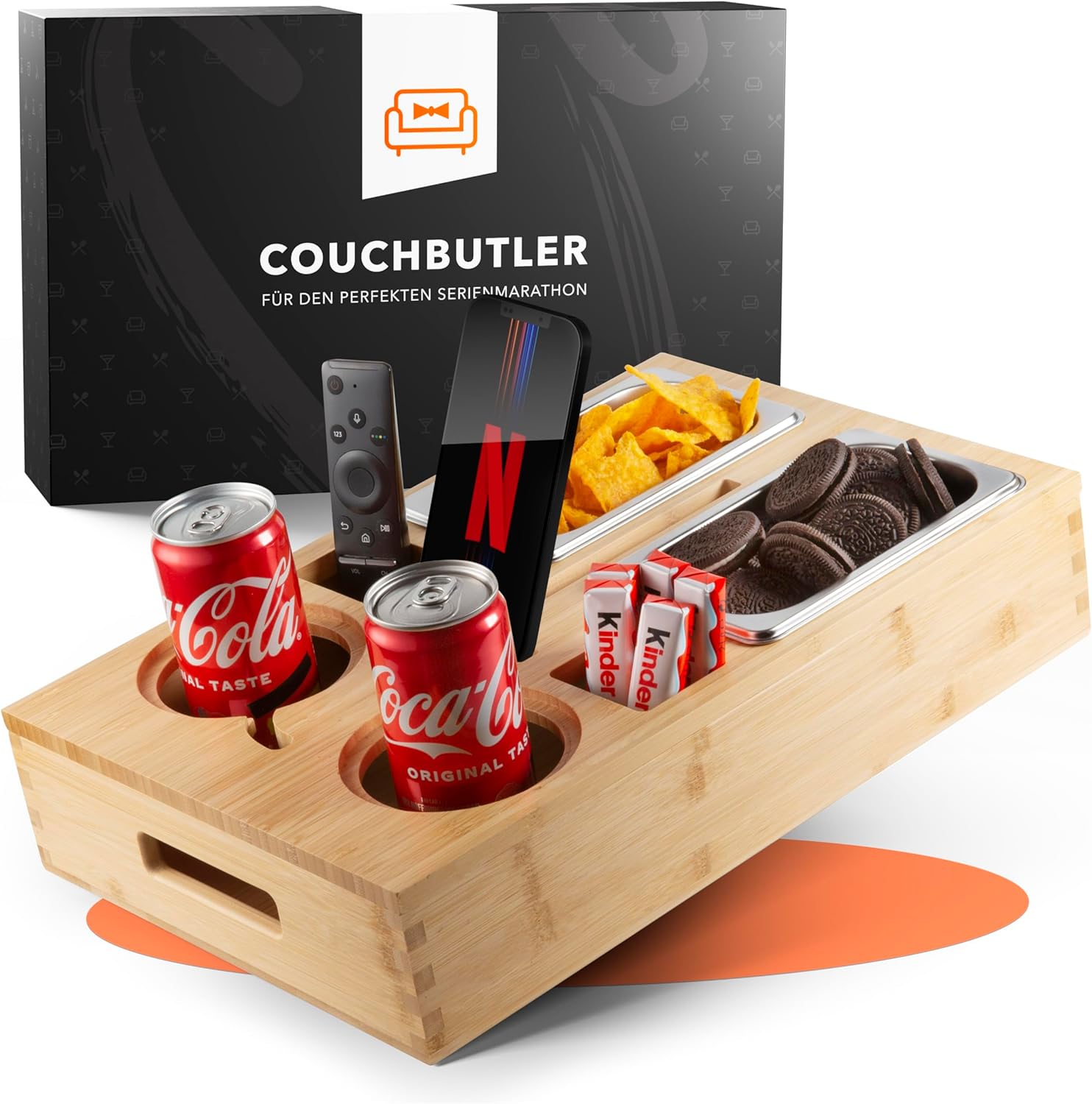 Couchbar Bambus Snackbox mit 2 Schalen, 2 Getraenkehaltern, Handyhalter Schwarz