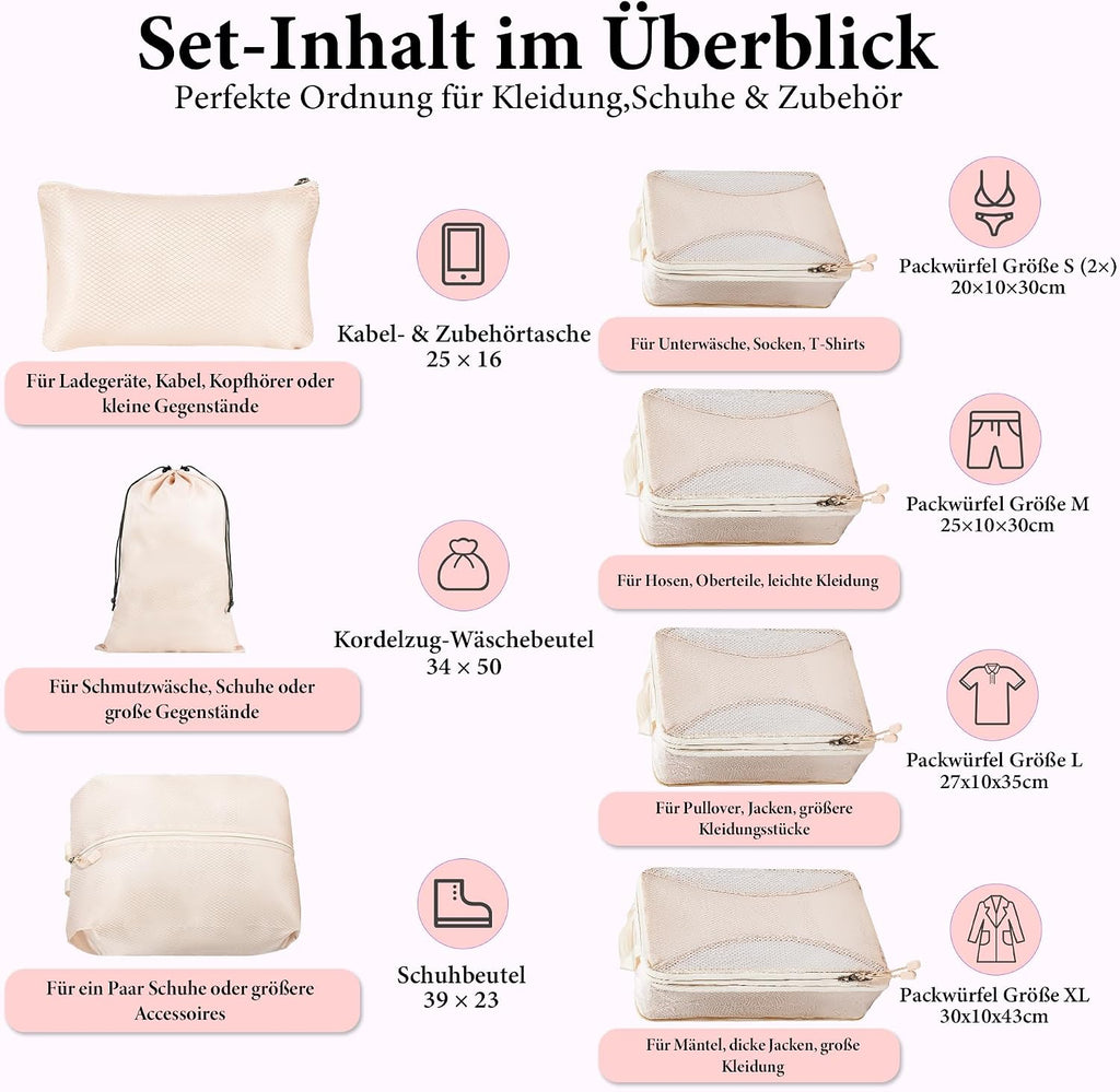 Koffer Organizer Set 8-teilig Kompressions Packing Cubes Reisegepaeck