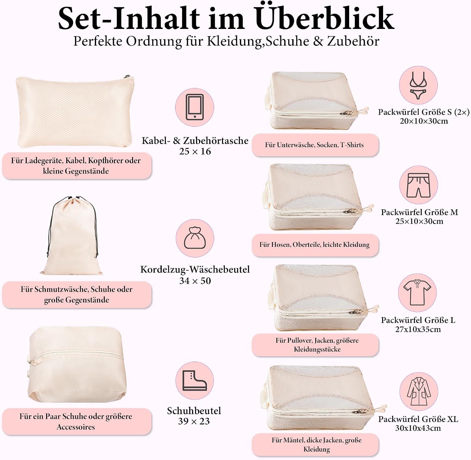 Koffer Organizer Set 8-teilig Kompressions Packing Cubes Reisegepaeck