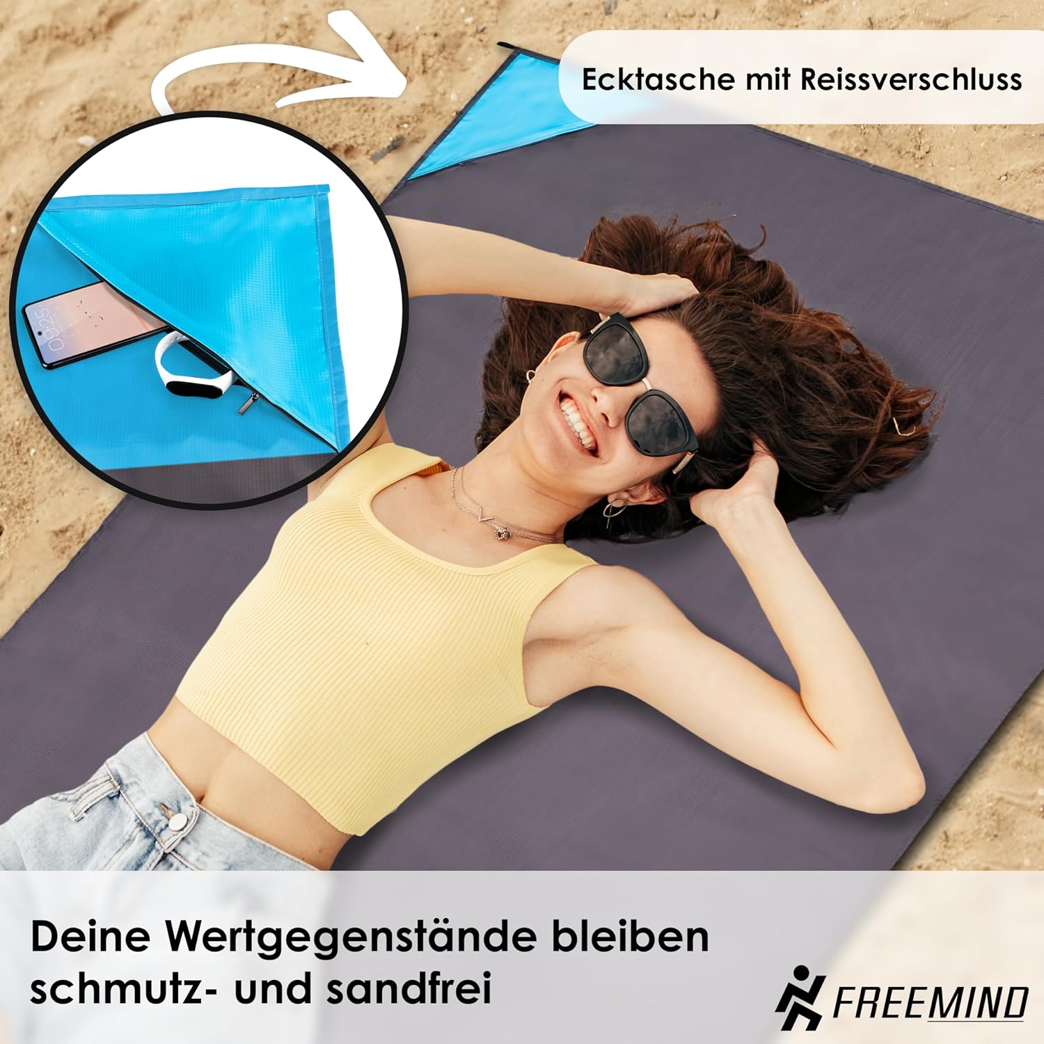 freemind Stranddecke 140x200 cm wasserabweisend sandfrei ultraleicht inkl. Herin