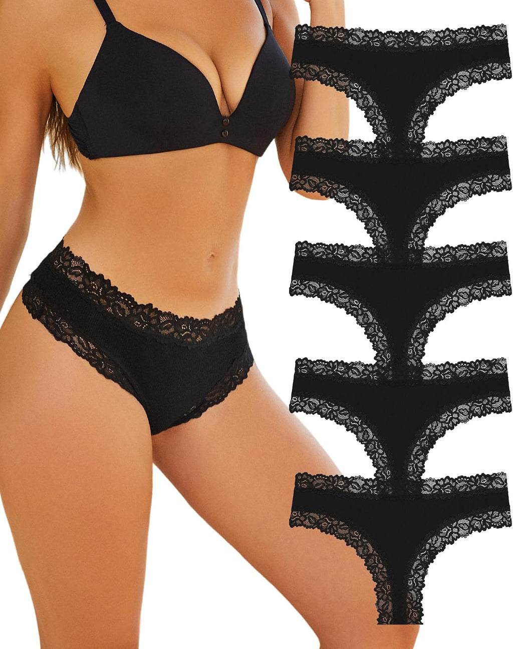 ALL OF SHE Damen Brazilian Slip mit Spitze, Baumwolle, atmungsaktiv, 5er Pack XS