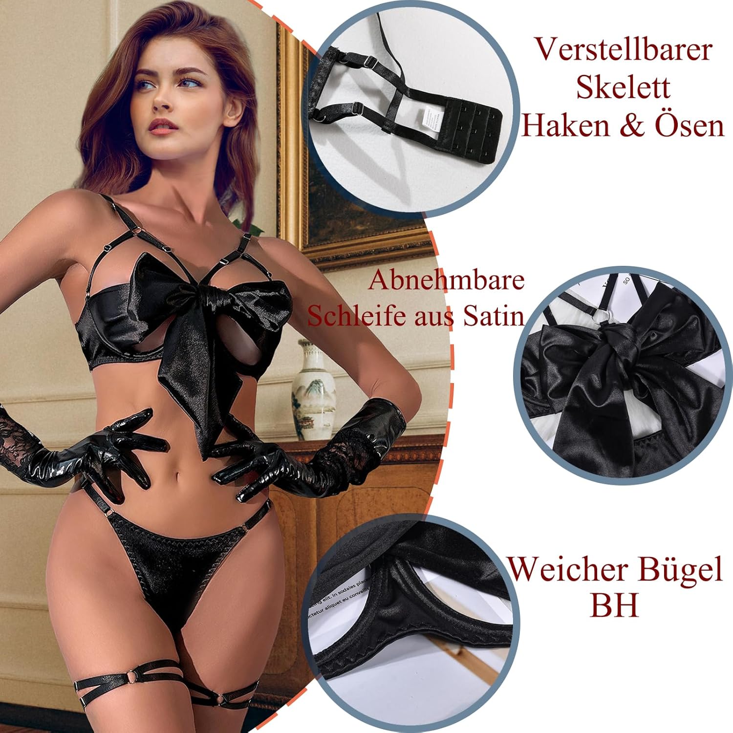 Damen Dessous-Set Sexy Satin Strapsen Hohl BH mit Schleife S-XL
