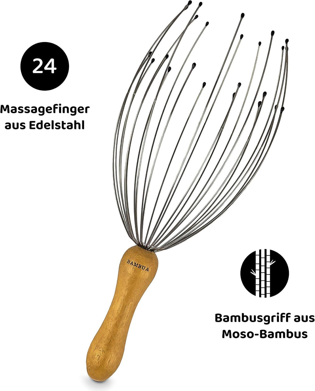 Kopfmassagegeraet Spinne 24 Metallfaeden mit Bambusgriff zur Entspannung