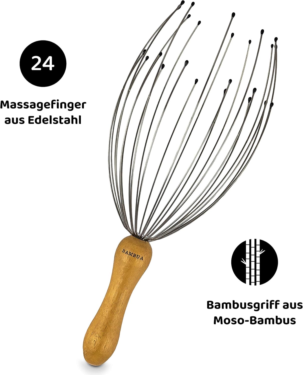 Kopfmassagegeraet Spinne 24 Metallfaeden mit Bambusgriff zur Entspannung
