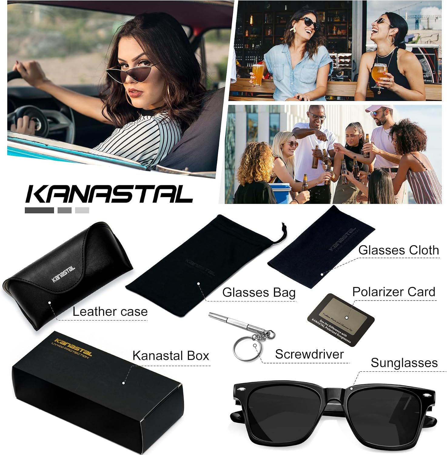 KANASTAL Herren Sonnenbrille polarisiert Retro Rechteckig TR90 Rahmen UV400