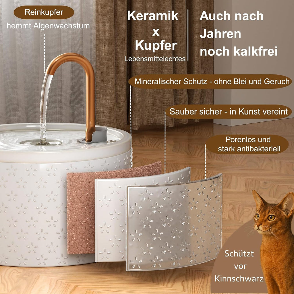 MISFANS Katzenbrunnen Keramik leiser Trinkbrunnen mit Filtersystem weiss