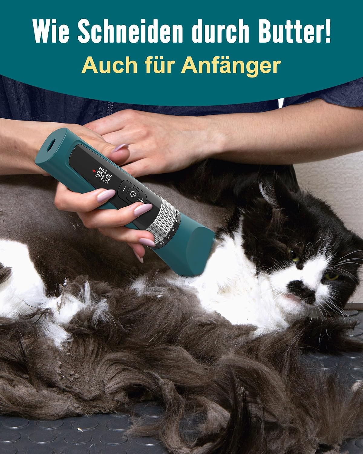 Oneisall Katzenhaarschneider kabellos 5 Stufen LCD Display wasserdicht Grün