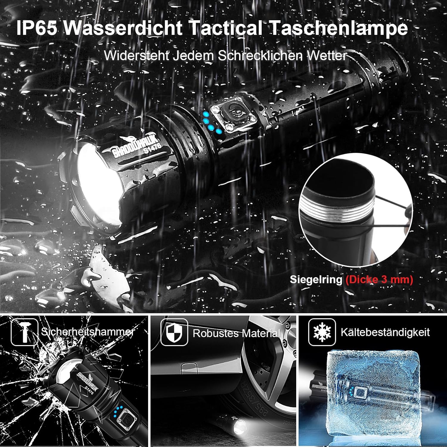 Shadowhawk Taschenlampe LED XHP70.2 500000 Lumen USB Aufladbar IP67 5 Modi