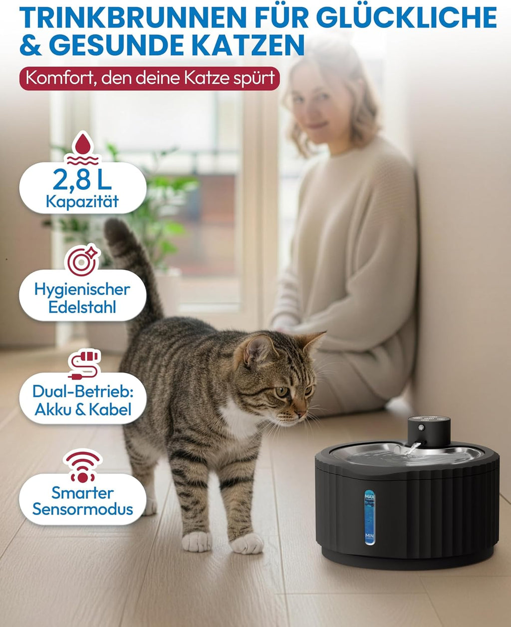 Miaura Katzenbrunnen kabellos leiser Trinkbrunnen mit Bewegungsmelder